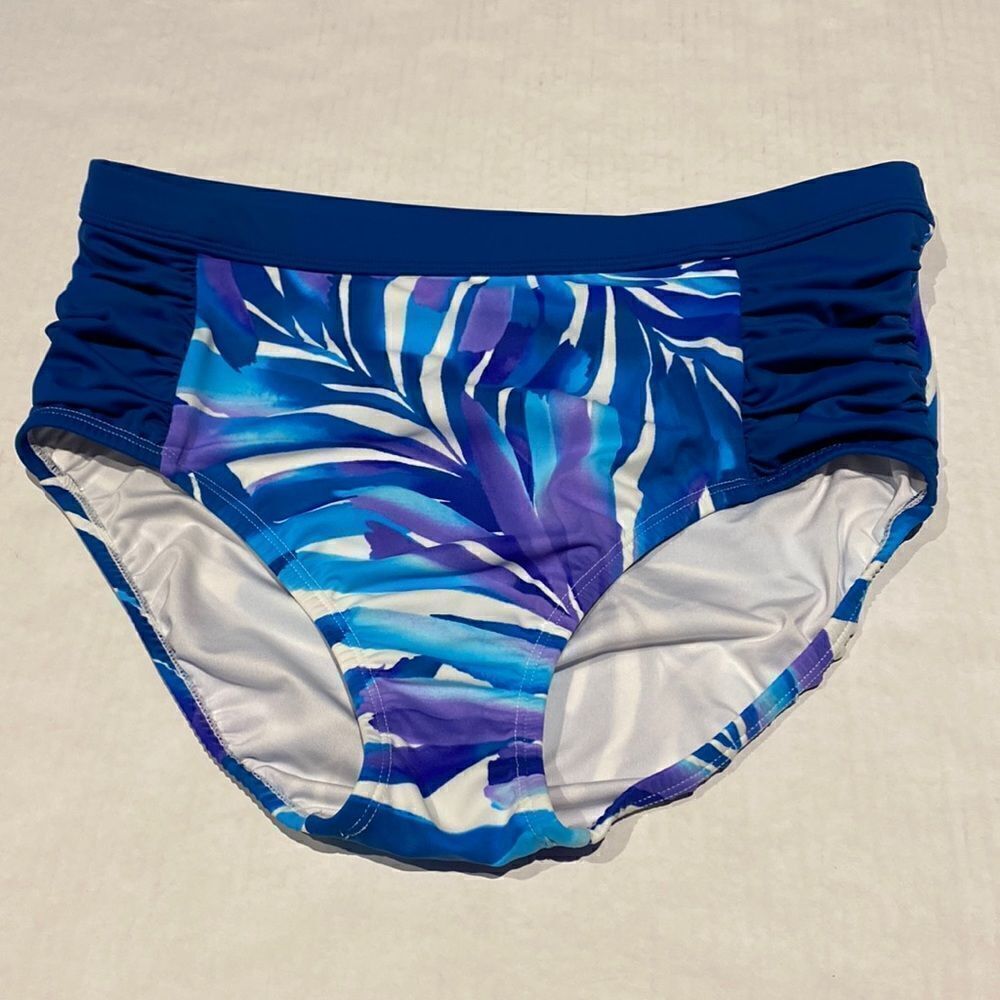 Tropical blue print high waisted runched sides bikini bottom by Venus size 12